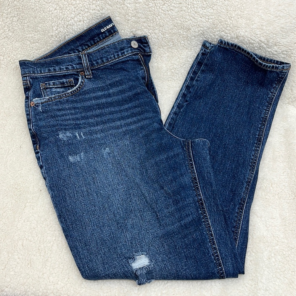 EUC-mid rise, cropped, distressed boyfriend jeans